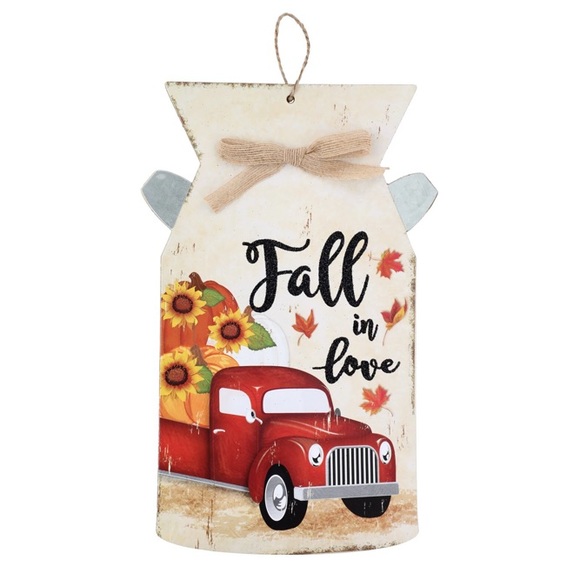 NWT Glittered FALL IN LOVE Harvest Red Farm Truck Wood Milk Jug Decoration Sign - Picture 9 of 17
